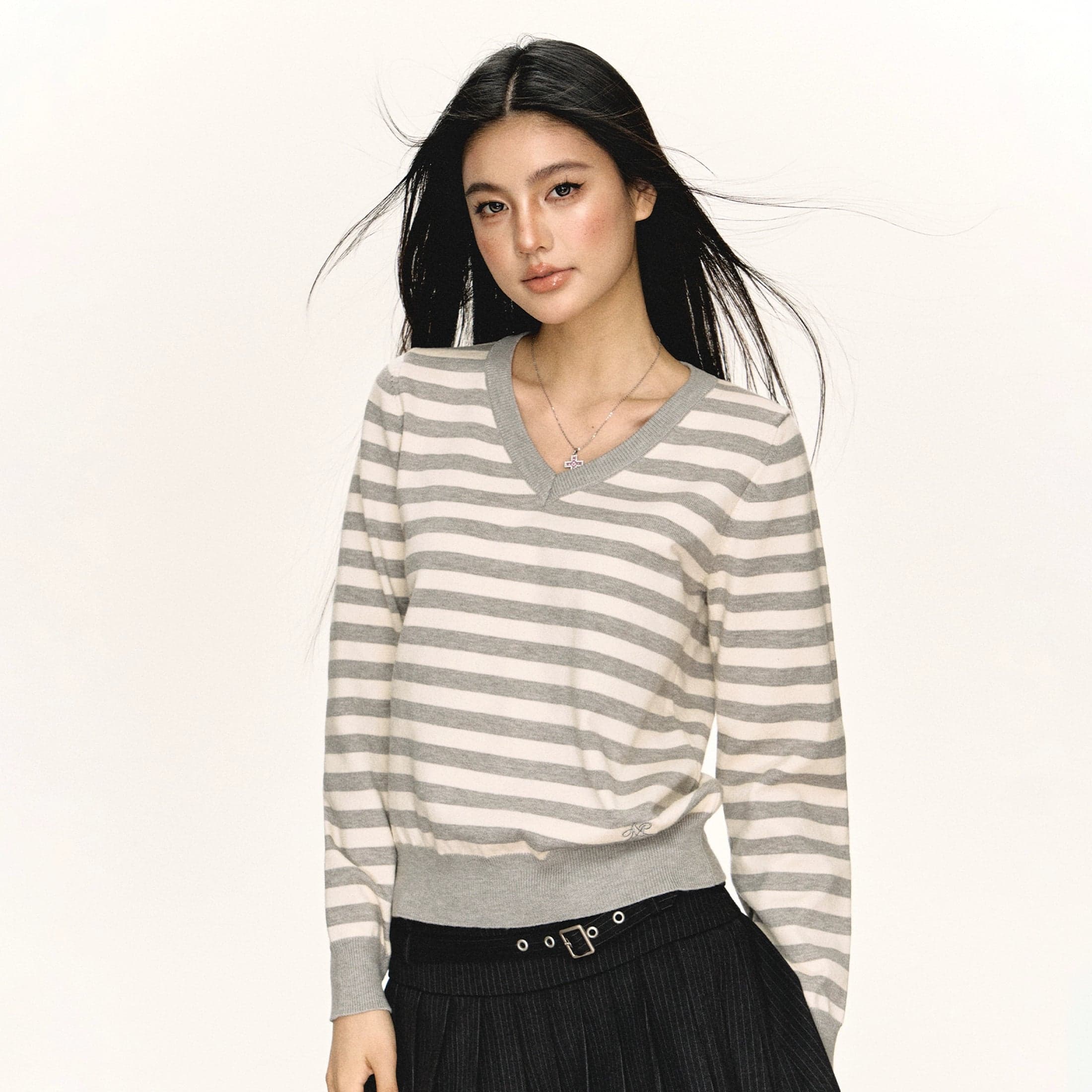 Striped V-Neck Knit Sweatshirt
