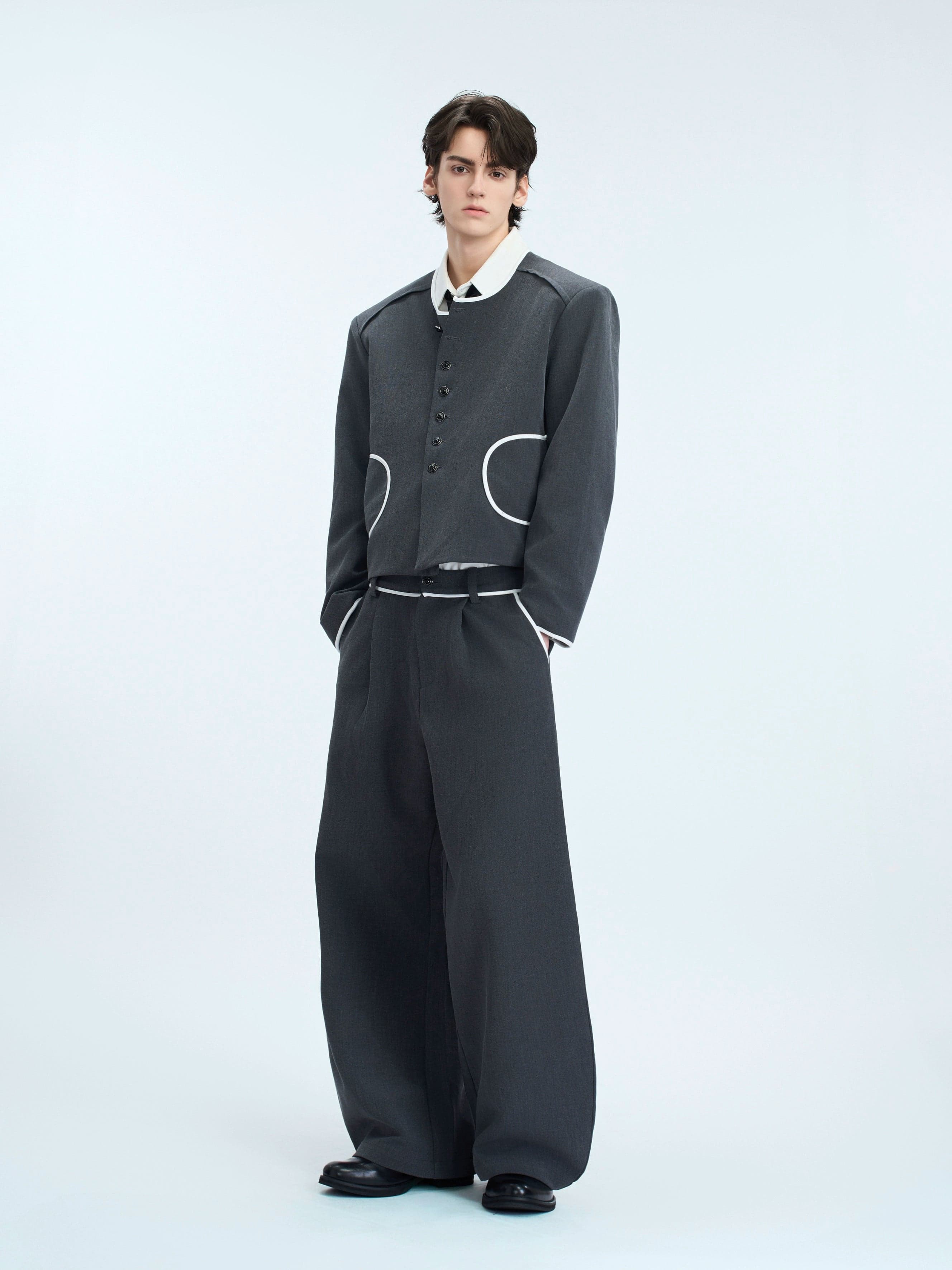 Contrast Trim Collarless Jacket and Pants (Sold Separately)