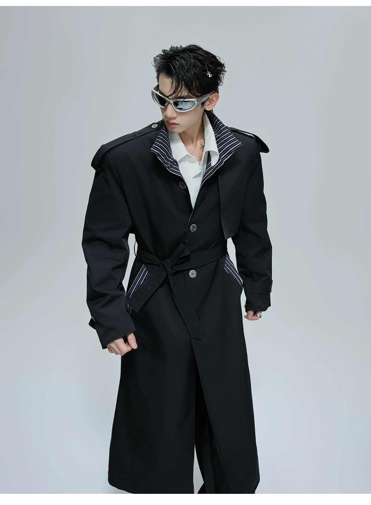 Striped Collar Long Windbreaker Coat
